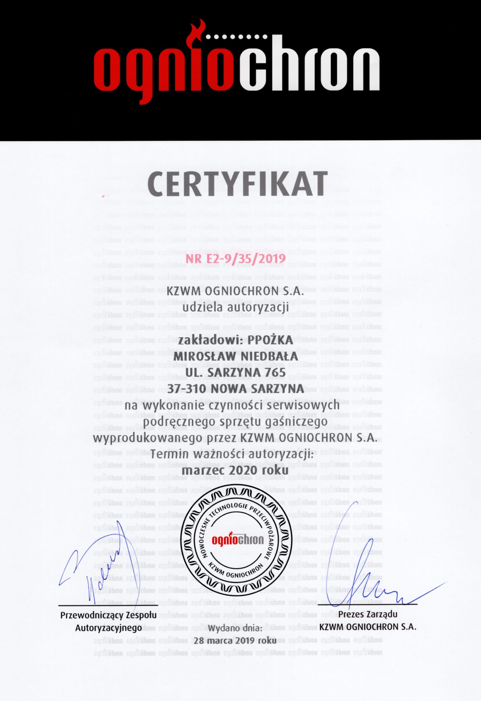 Autoryzacja firmy KZWM Ogniochron 01